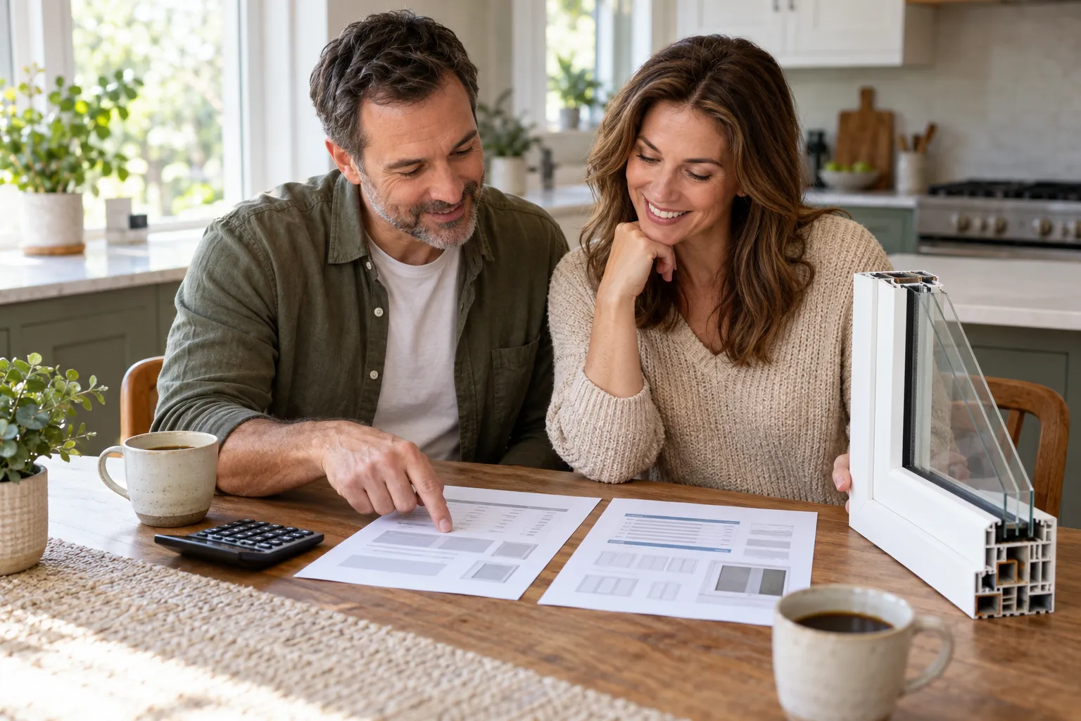 Homeowners comparing written window quotes at a kitchen table in the Friendswood area