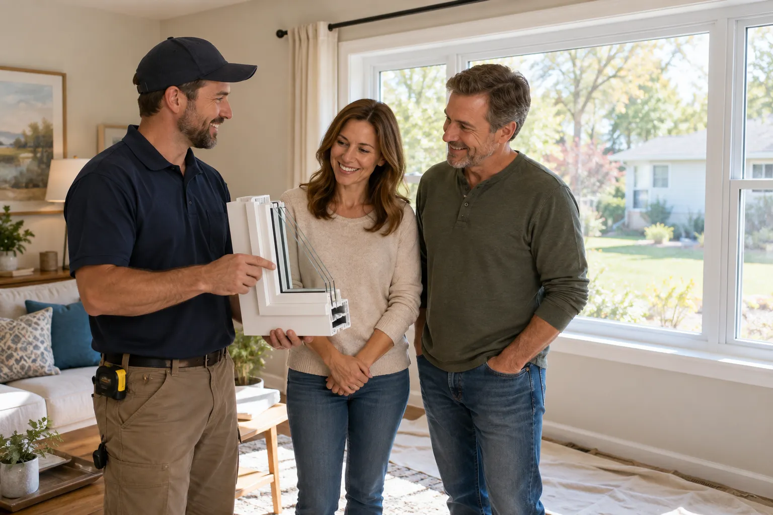 Friendly homeowner and a window provider reviewing a new window at a ranch-style home in Friendswood